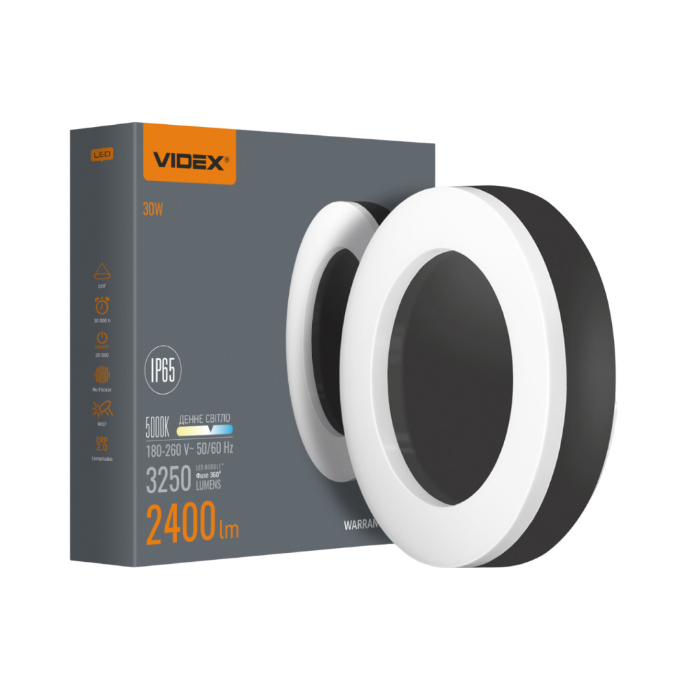 LED світильник IP65 круглий VIDEX 30W 5000K 220V Black VL-BHFR-305B