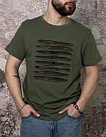 Футболка чоловіча хакі з порізами олива літня стильна бавовняна крута якісна сучасна