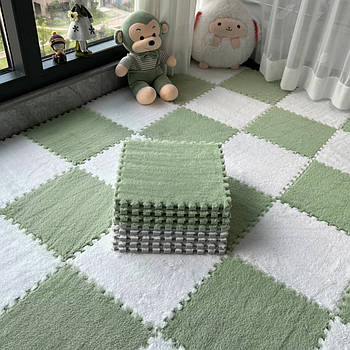 Килим-пазл плюшевий 20шт, 30×30см, Зелений з білим / Пазли на підлогу / Дитячий килим пазл з ворсом