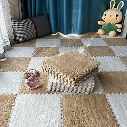 Килимок-пазл плюшевий 20шт (30×30см), Білий з бежевим / Килим пазл з ворсом / Дитячі пазли на підлогу