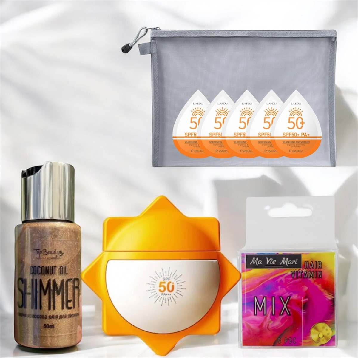 Набір 4в1 Сонцезахисний: SPF крем для обличчя та тіла, шимер для засмаги, капсули для волосся+косметичка+подарунок 5шт крем Laikou, фото 1