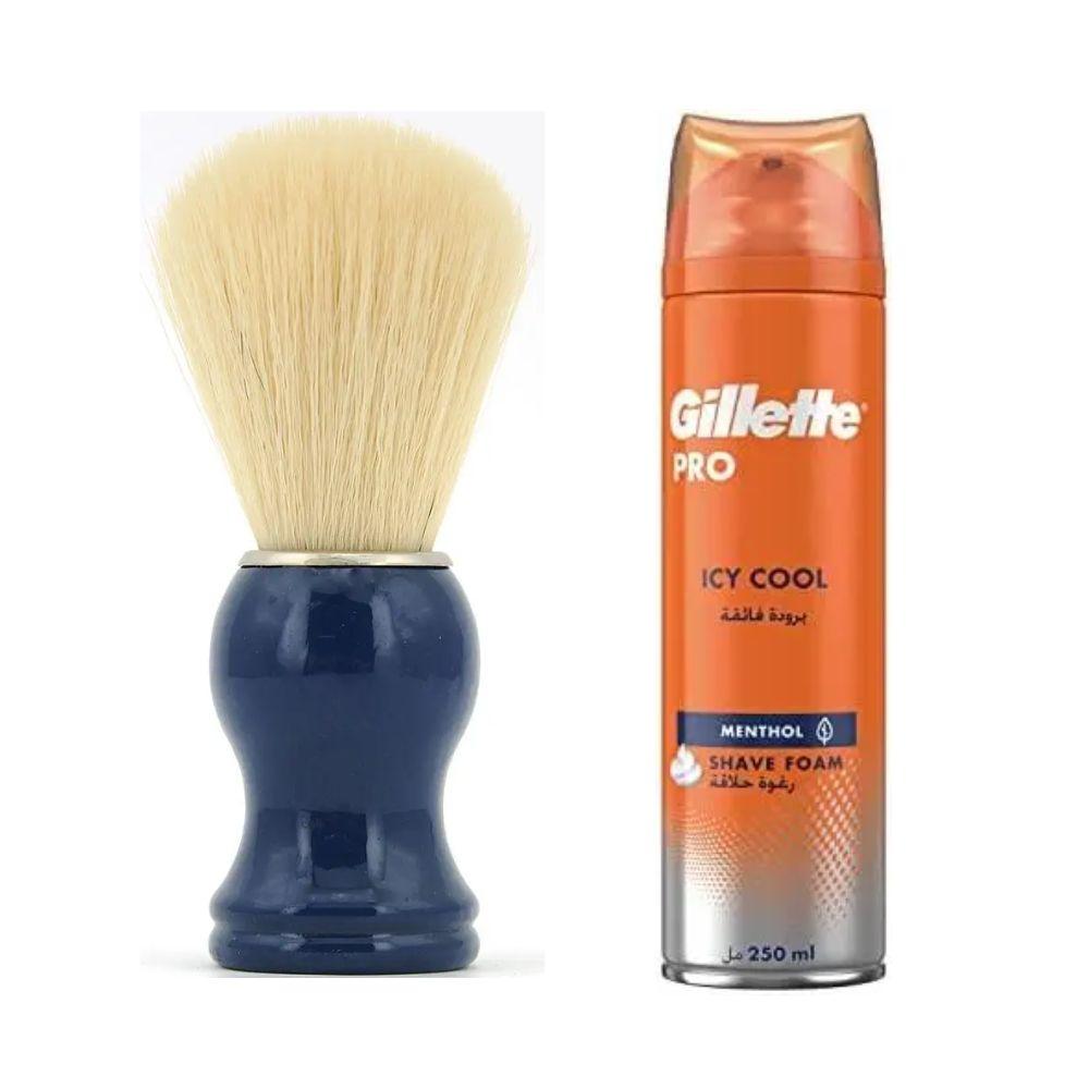 Помазок для гоління з дерева SHIMA з ворсом борсука Синій + піна для гоління Gillette Pro Icy Cool з ментолом, 250 мл, фото 1