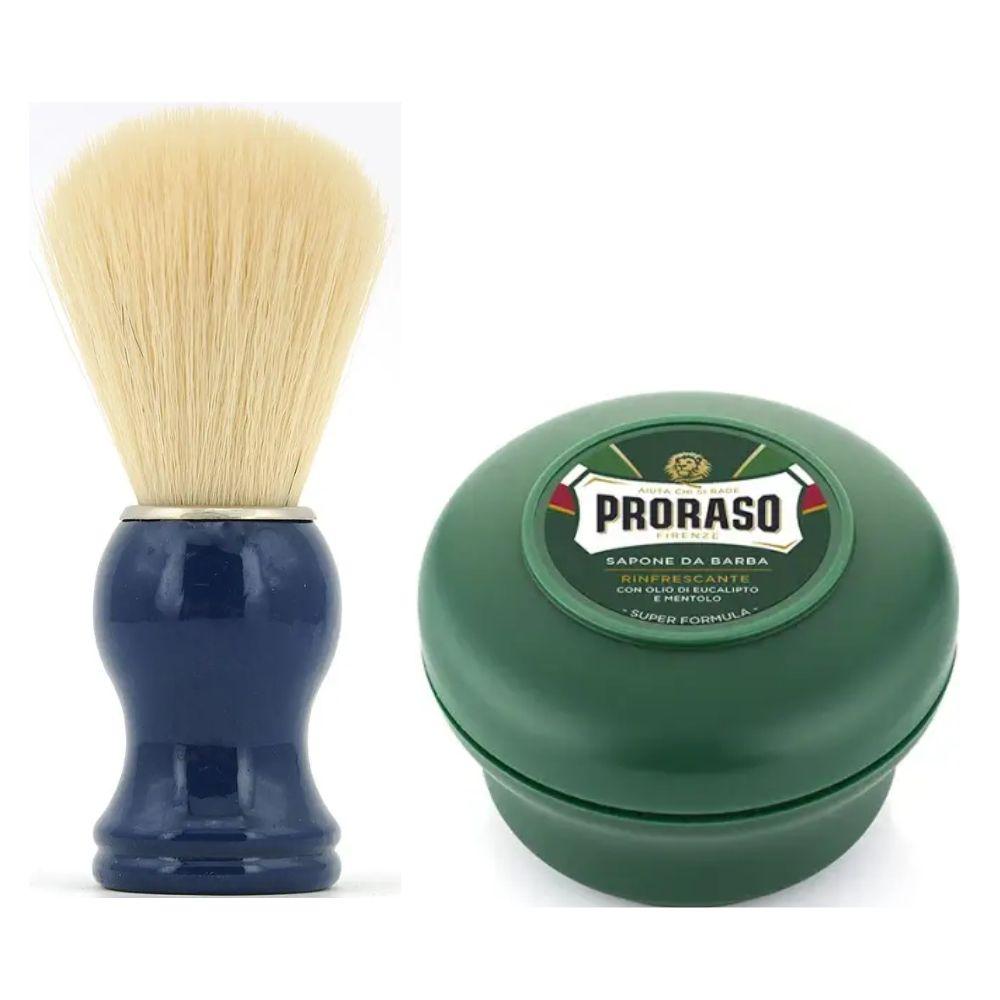 Помазок для гоління з дерева SHIMA з ворсом борсука Синій + мило для гоління Proraso Rinfrescante тонізуюче з ментолом, евкаліптом, фото 1