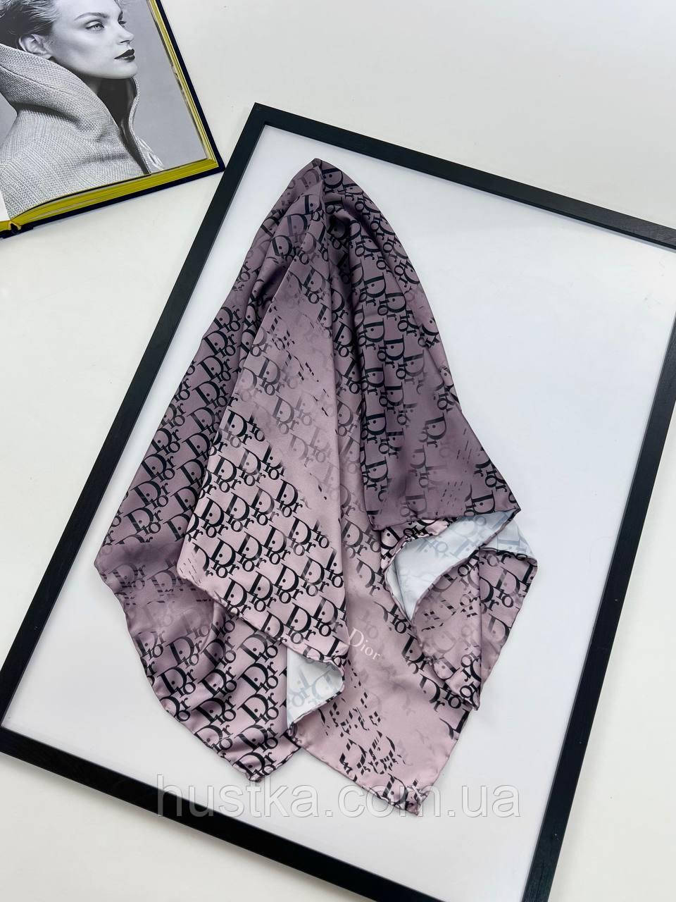 Шовкова брендова хустка Christian Dior 90*90 см градиент графіт ручна обробка краю