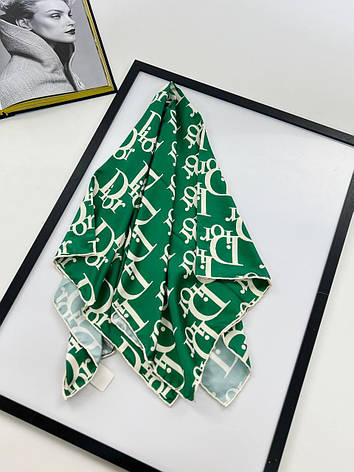 Шовкова брендова хустка Dior 90*90 см зелена ручна обробка краю, фото 1