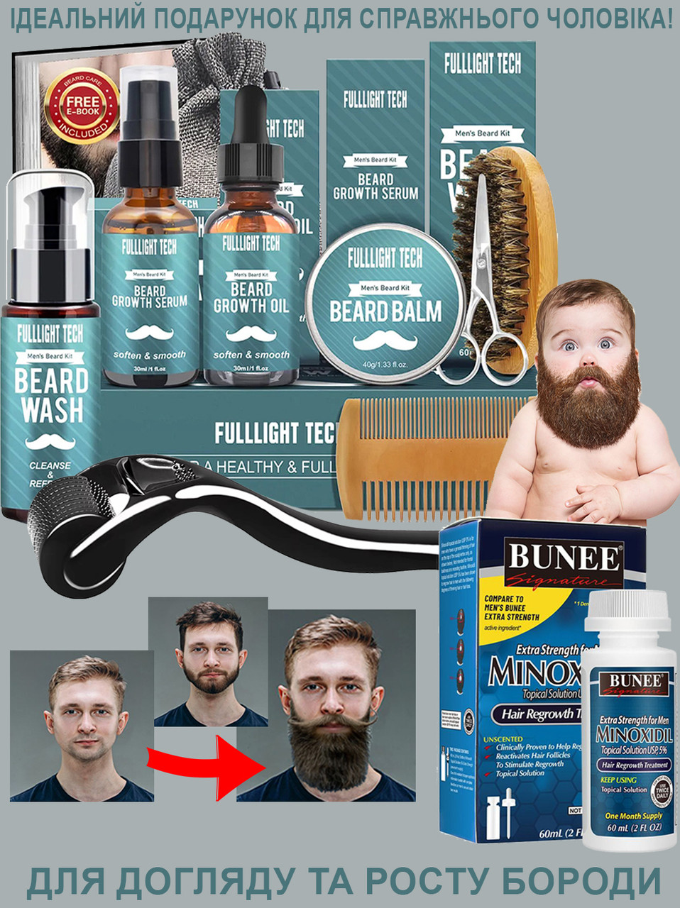 Для росту та догляду за бородою та вусами Barbers, прискорювач росту бороди, сироватка, бальзам, фото 1