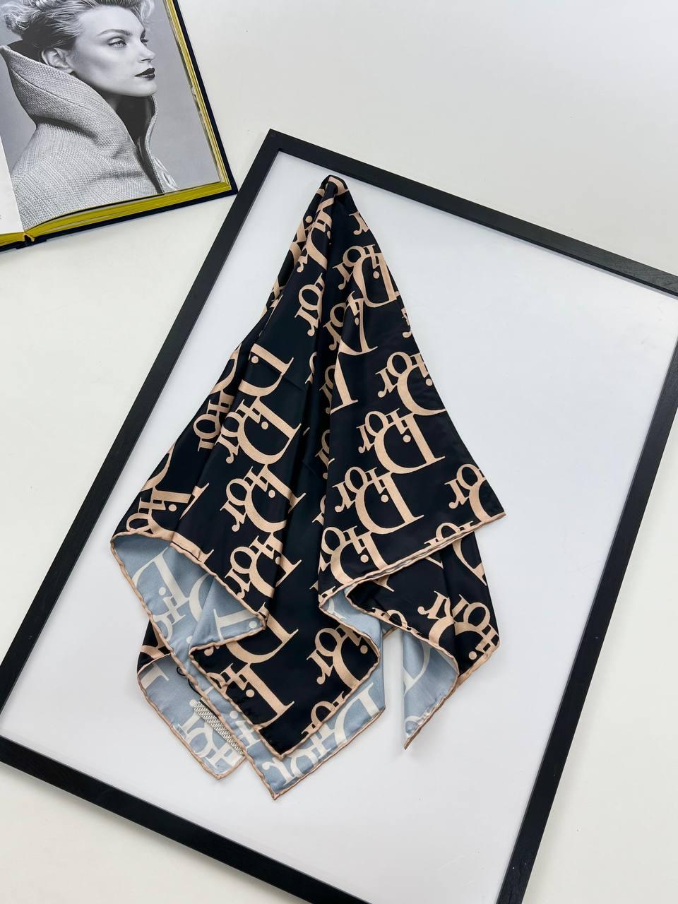 Шовкова брендова хустка Dior 90*90 см чорна ручна обробка краю
