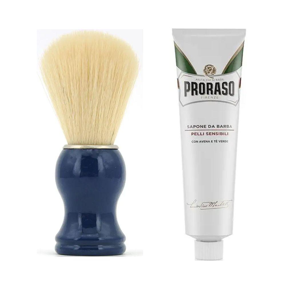 Помазок для гоління з дерева SHIMA з ворсом борсука Синій + крем для гоління Proraso для чутливої шкіри з екстрактом зеленого чаю, фото 1