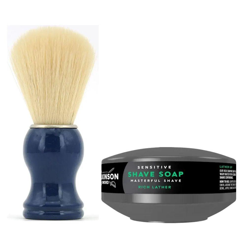 Помазок для гоління з дерева SHIMA з ворсом борсука Синій + мило для гоління Wilkinson Sword для чутливої шкіри 125 г, фото 1