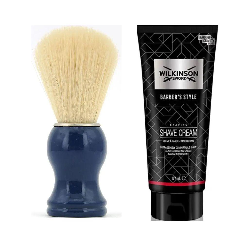 Помазок для гоління з дерева SHIMA з ворсом борсука Синій + крем для гоління Wilkinson Sword Barber's Style Shave Cream, фото 1