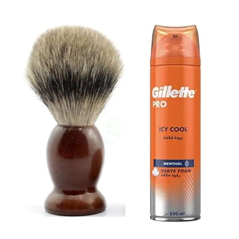 Помазок для гоління з дерева Shima з ворсом Борсука + піна для гоління Gillette Pro Icy Cool з ментолом, 250 мл, фото 1