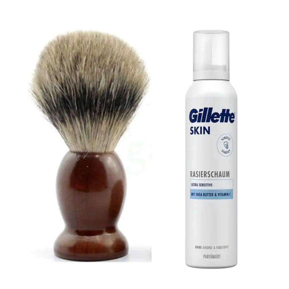 Помазок для гоління з дерева Shima з ворсом Борсука + піна для гоління Gillette Skin Ultra Sensitive для надчутливої шкіри, фото 1