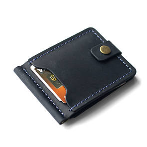 Затискач для грошей і карток KOCH Dark Blue (Синій колір) з натуральної шкіри Crazy Horse з кнопкою, ручна робота