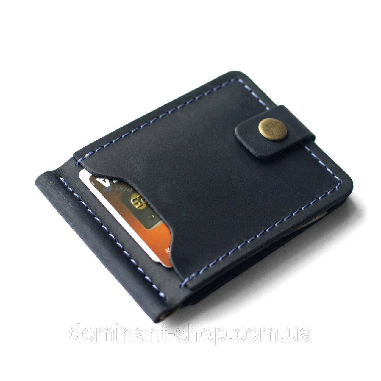 Затискач для грошей і карток KOCH Dark Blue (Синій колір) з натуральної шкіри Crazy Horse з кнопкою, ручна робота