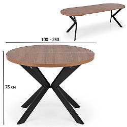 Великий круглий розсувний стіл Peroni 100-250 см горіх на чорних металевих ніжка в стилі лофт