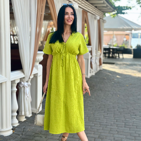 Літня довга жіноча сукня муслін з коротким рукавом вільна сукня міді муслінова, фото 1