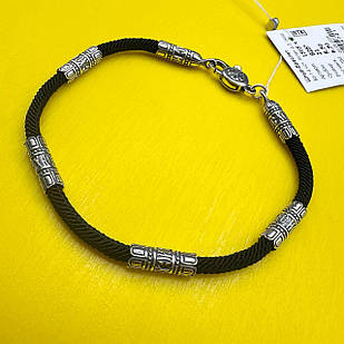 Браслет шовковий плетений з 4 срібними вставками 5 мм ширина та срібним замком 925 проби