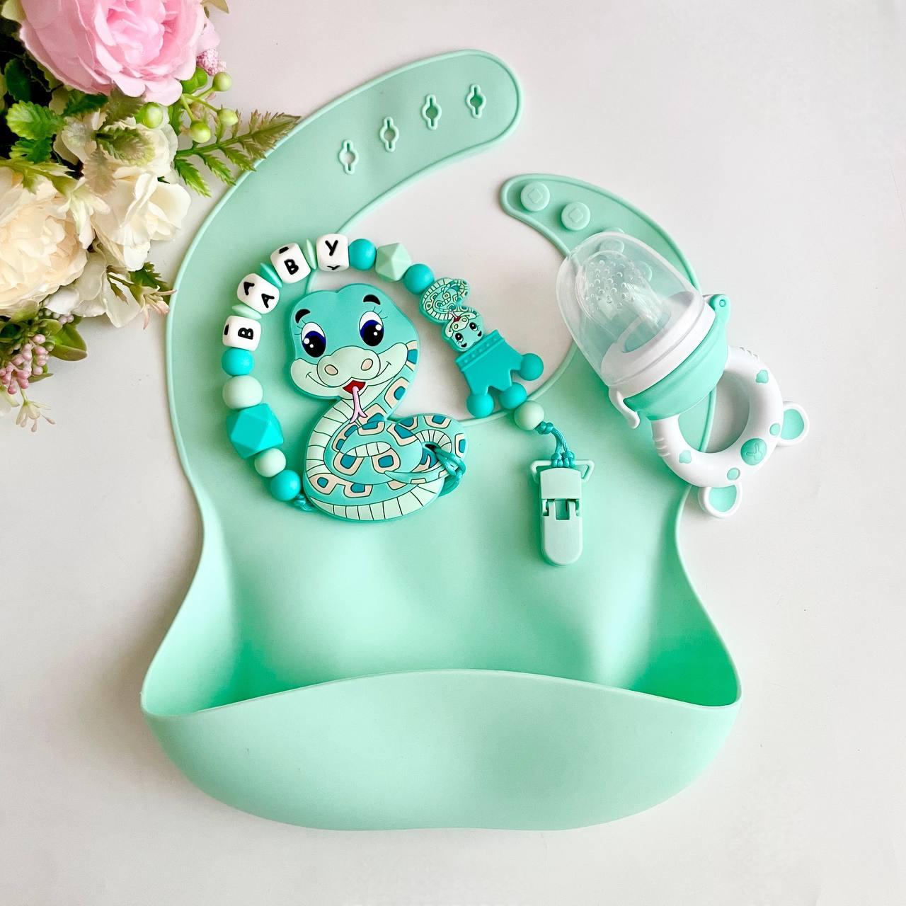 Подарунковий набір для хлопчика, для дівчинки із іменним гризунком Змія (бірюза) на народження, виписку, хрестини, фото 1