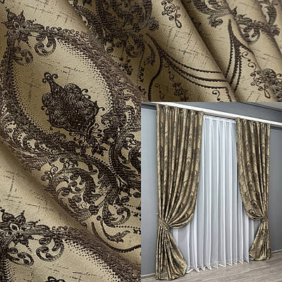 Комплект штор (2шт. 1,55х2,9м.) із тканини парча. Колір бежевий з венге. Код 1775ш 33-0740