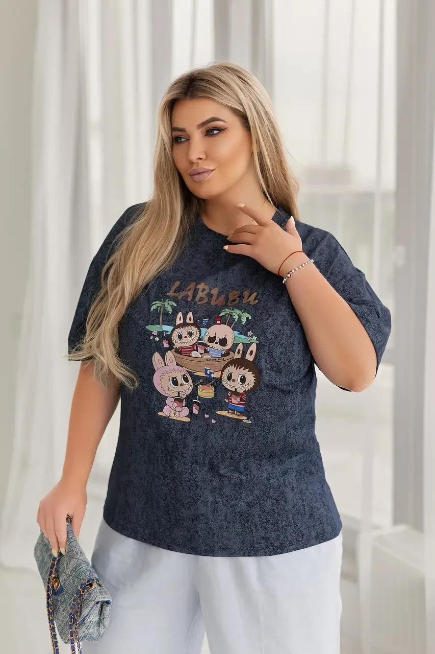 Темно синя жіноча літня футболка з яскравим мультяшним принтом