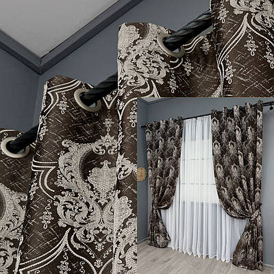 Комплект (2шт. 1,55х2,7м.) штор на люверсах із тканини парча. Колір венге з молочним. Код 1773ш 37-0260