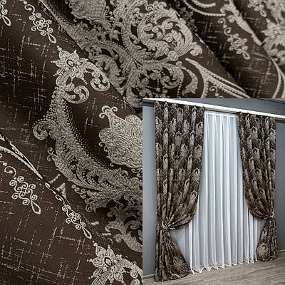 Комплект штор (2шт. 1,55х2,9м.) із тканини парча. Колір венге з молочним. Код 1773ш 33-0735