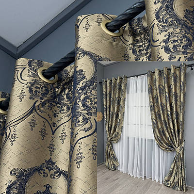 Комплект (2шт. 1,55х2,7м.) штор на люверсах із тканини парча. Колір бежевий з синім. Код 1776ш 37-0261