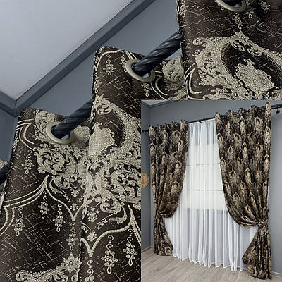 Комплект (2шт. 1,55х2,7м.) штор на люверсах із тканини парча. Колір венге з бежевим. Код 1774ш 37-0263
