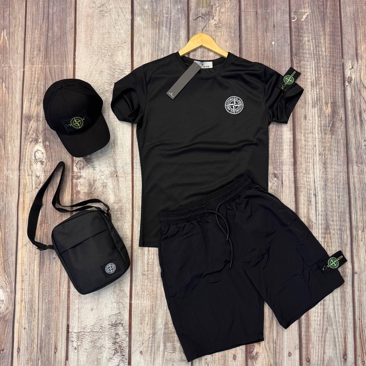 Чоловічий літній костюм Stone Island Футболка Шорти Кепка Сумка чорний із патчем Комплект Стон Айленд, фото 1