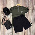 Чоловічий літній костюм Stone Island Футболка Шорти Кепка Сумка чорний із патчем Комплект Стон Айленд, фото 3