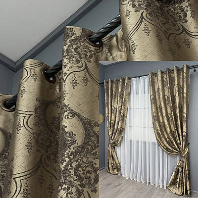 Комплект (2шт. 1,55х2,7м.) штор на люверсах із тканини парча. Колір бежевий з венге. Код 1775ш 37-0259