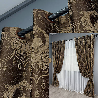 Комплект (2шт. 1,55х2,7м.) штор на люверсах із тканини парча. Колір коричневий з карамельним. Код 1772ш 37-0258