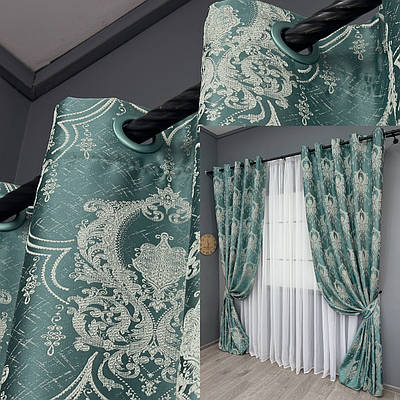 Комплект (2шт. 1,55х2,7м.) штор на люверсах із тканини парча. Колір бірюзовий з молочним. Код 1777ш 37-0262