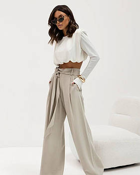 Жіночі широкі брюки MAXI oversize з костюмної тканини з паском, бежеві 42-44, 46-48.