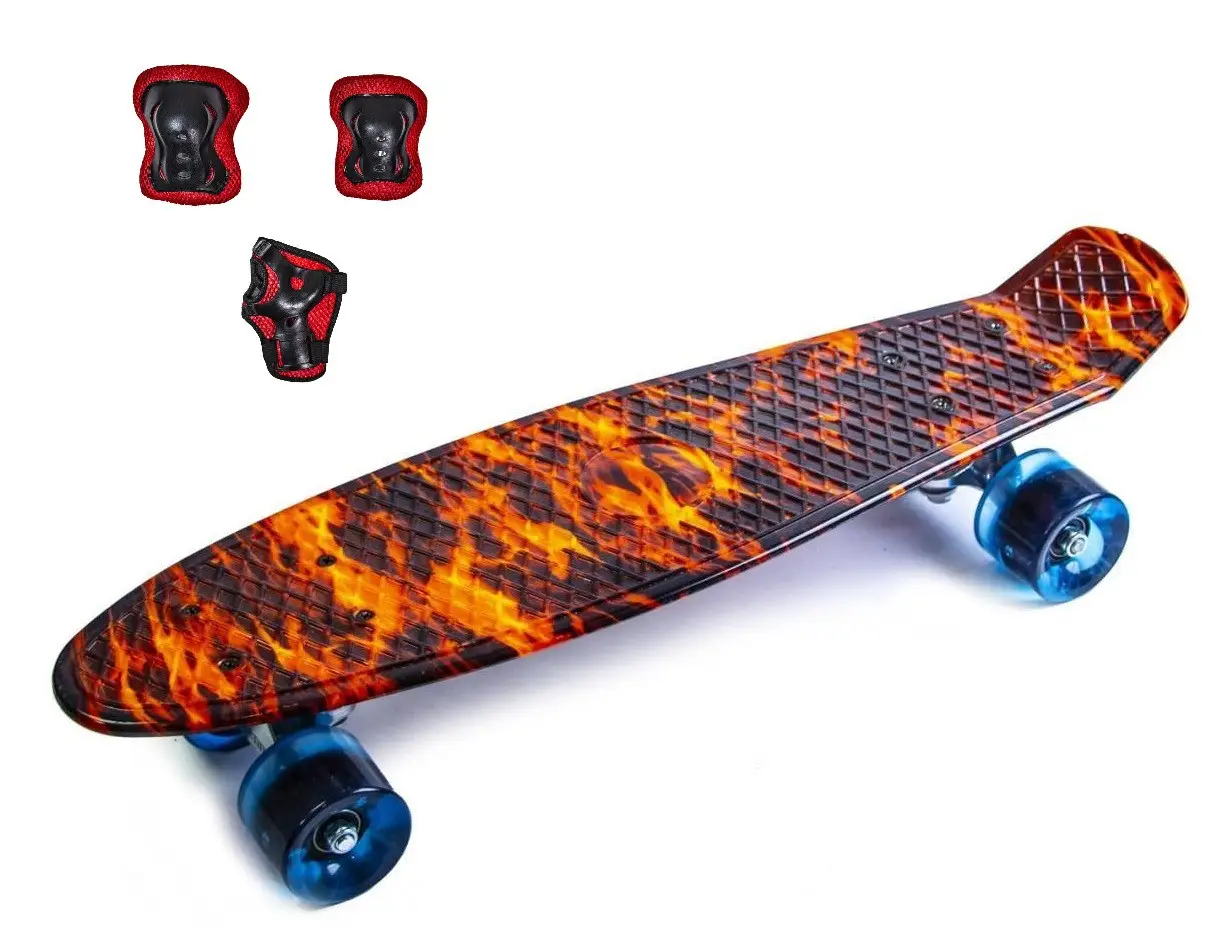 Набір скейтборд Penny Board. FIRE + захист на коліна, лікті та долоні. Колеса світяться під час катання!, фото 1