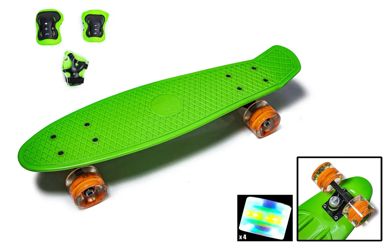 Набір скейтборд Penny Board. Green + захисне екіпірування. Колеса світяться під час катання!, фото 1