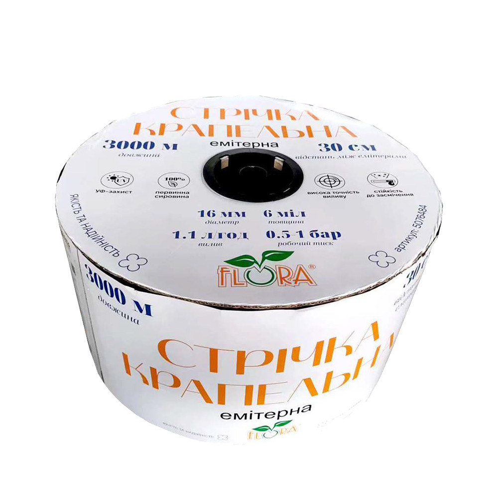 Стрічка крапельна з плоским евітером Ø16 мм 20 см 6 мм 1.38 л 1000 м FLORA (5076614) riven, фото 1