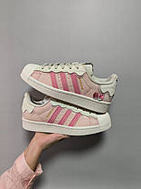 Жіночі кросівки Adidas Superstar Cappuccino Pink Адідас Суперстар бежеві з рожевим шкіра демісезон, фото 4