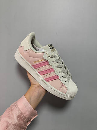 Жіночі кросівки Adidas Superstar Cappuccino Pink Адідас Суперстар бежеві з рожевим шкіра демісезон, фото 1