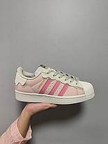 Жіночі кросівки Adidas Superstar Cappuccino Pink Адідас Суперстар бежеві з рожевим шкіра демісезон, фото 2