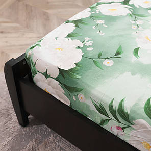 Захисне натяжне міцне простирадло гумка односпальне з бязі (90*200*25) бавовняне зелене з квітковим принтом, фото 3