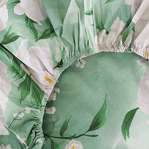 Захисне натяжне міцне простирадло гумка односпальне з бязі (90*200*25) бавовняне зелене з квітковим принтом, фото 2