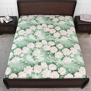 Захисне натяжне міцне простирадло гумка односпальне з бязі (90*200*25) бавовняне зелене з квітковим принтом, фото 1