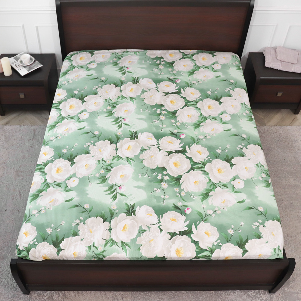 Захисне натяжне міцне простирадло гумка односпальне з бязі (90*200*25) бавовняне зелене з квітковим принтом