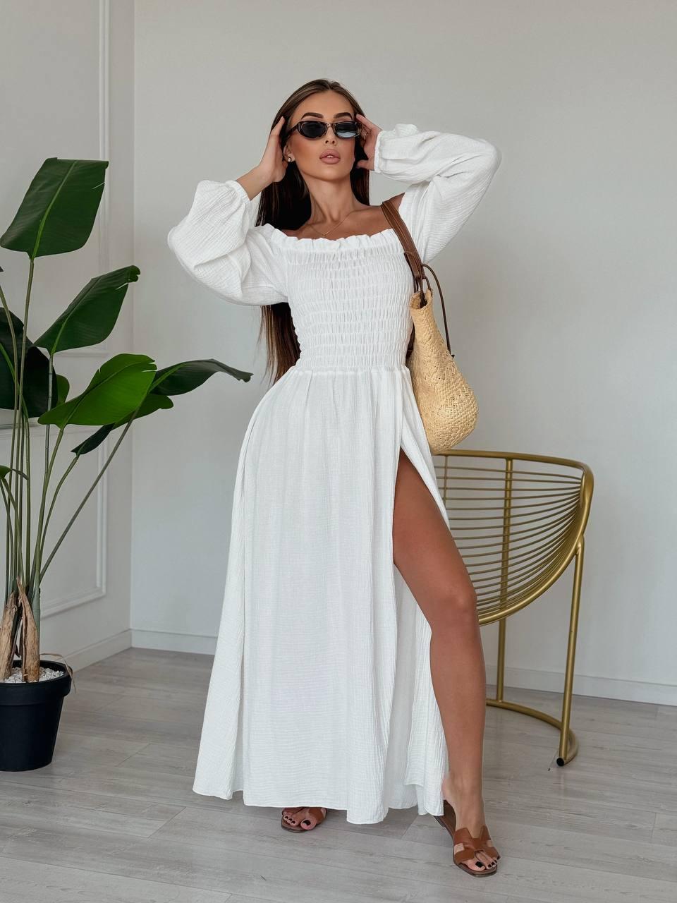 Жіноче літнє бавовняне довге плаття гумка в підлогу з натуральної тканини муслін рукав ліхтарик з розрізом, фото 1