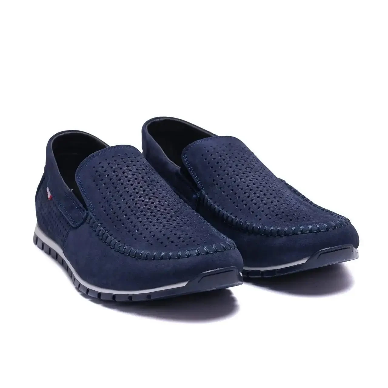 Чоловічі шкіряні мокасини літні LV Dark Blue — сині, нубук із перфорацією, фото 1