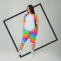 Летний кигуруми единорог радужный с коротким рукавом на пуговицах и с карманами кегуруми 5010