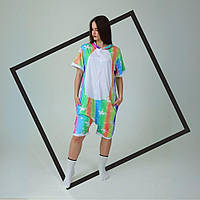 Летний кигуруми единорог цветной с коротким рукавом на пуговицах и с карманами кегуруми 5011