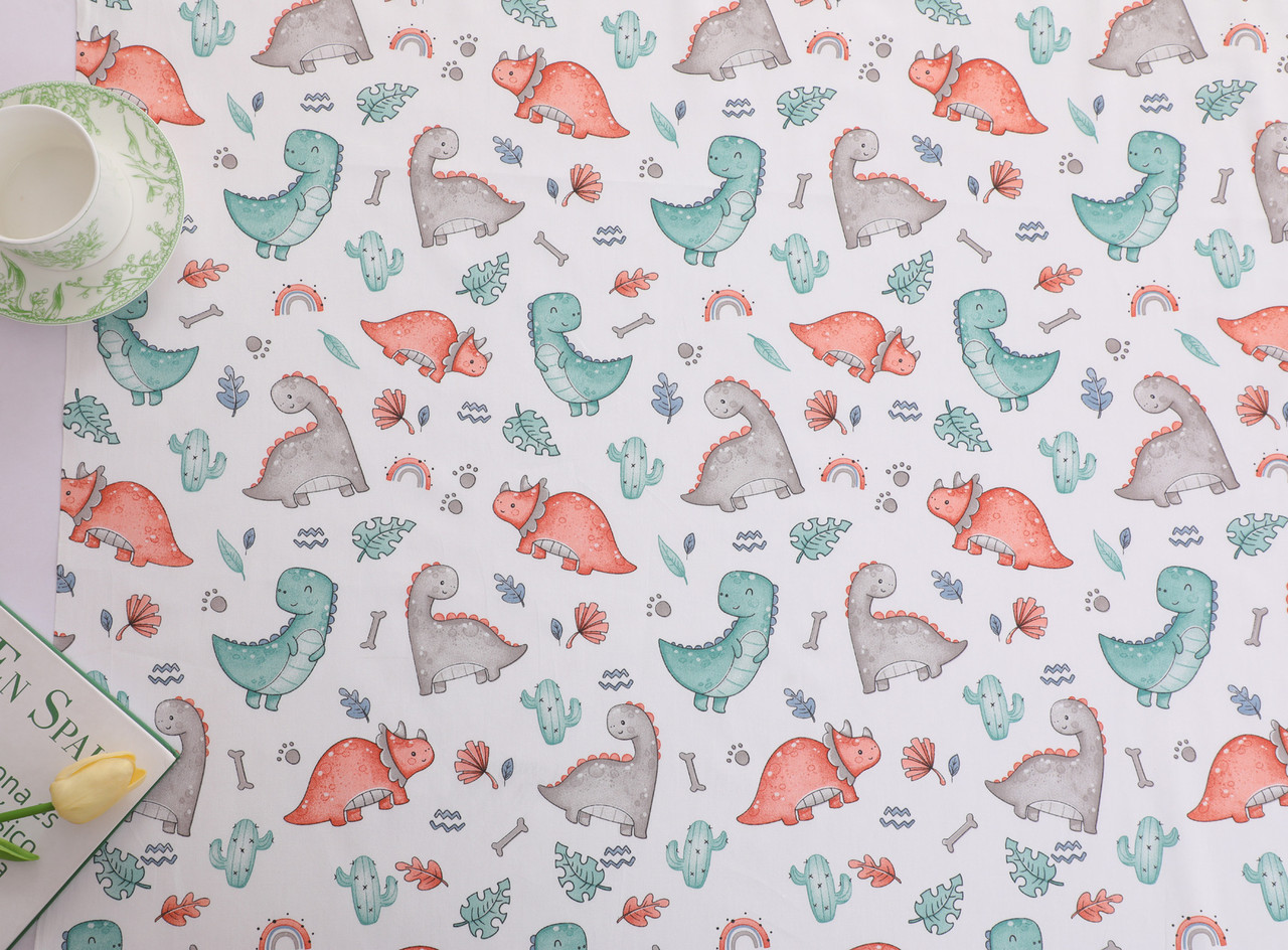 Сатин із милими динозаврами з кактусами на білому № SK-160-04, фото 1