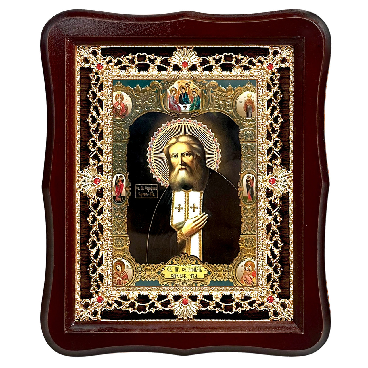 Ікона Серафима Саровського чудотворця святого преподобного, лик 15х18 см, у темному дерев'яному кіоті з камінням, фото 1